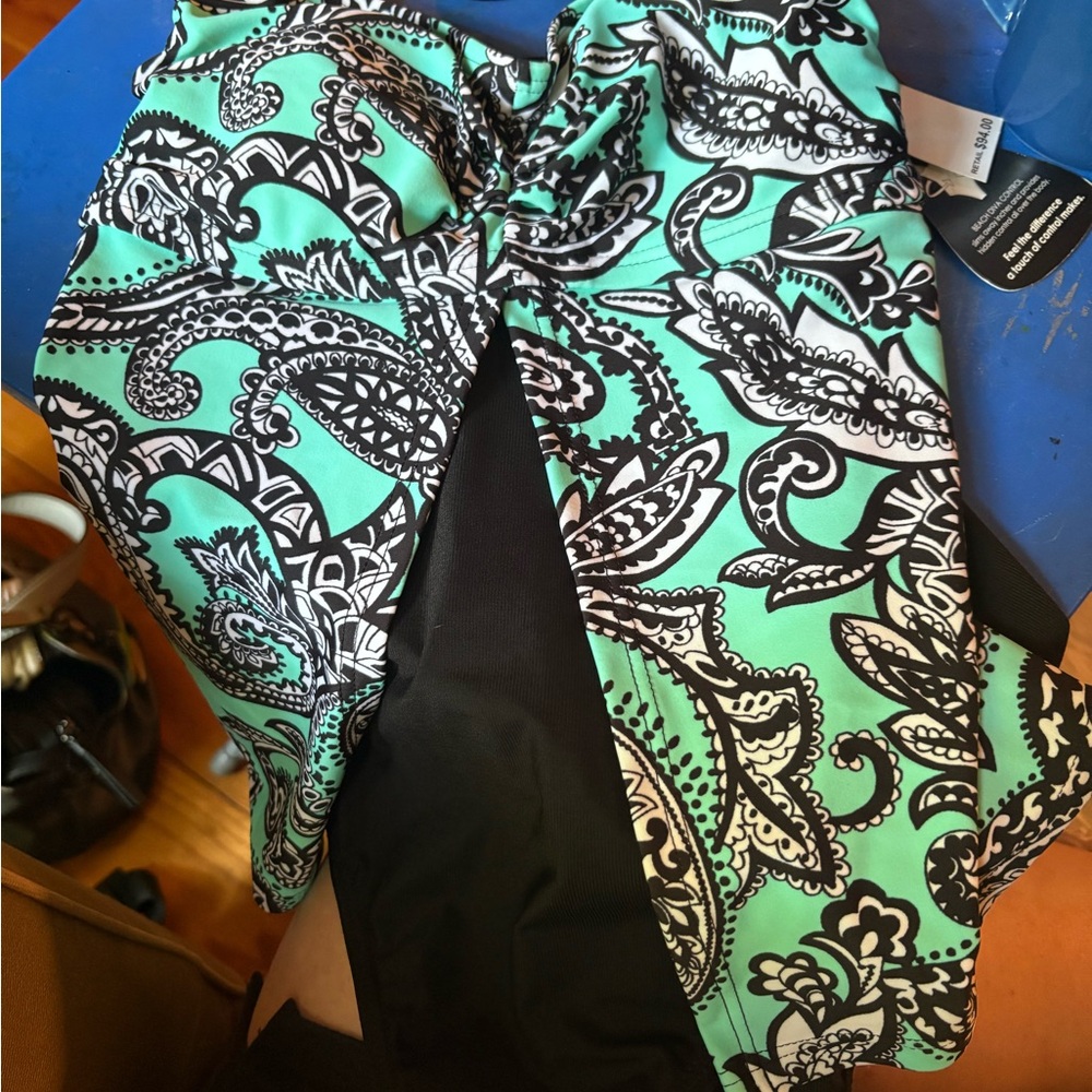 Paisley Print One Piece Swimsuit - Black and Green
